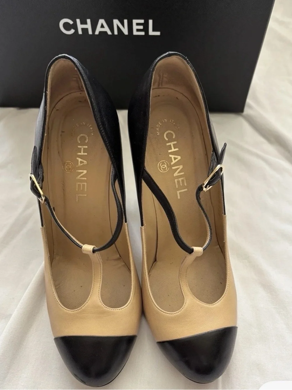 CHANEL Mary Jane Heels Beige/Black Size 37 with box